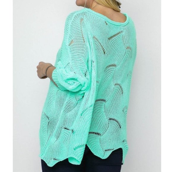 Plus Boho Mint Crochet Knit Kimono Tunic Sweater - Picture 4 of 5